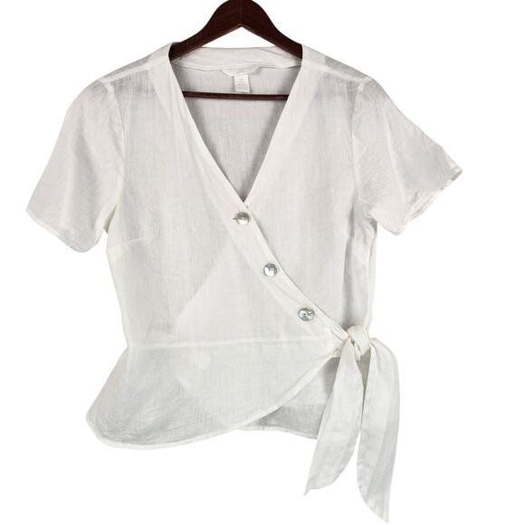 H&M 100% Linen Peplum Wrap Blouse Women’s SZ 8 White Tie Pearl Buttons EUC - Picture 2 of 14